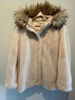 Calvin Klein Cream Faux Fur Teddy Jacket with Fur-Trim Hood